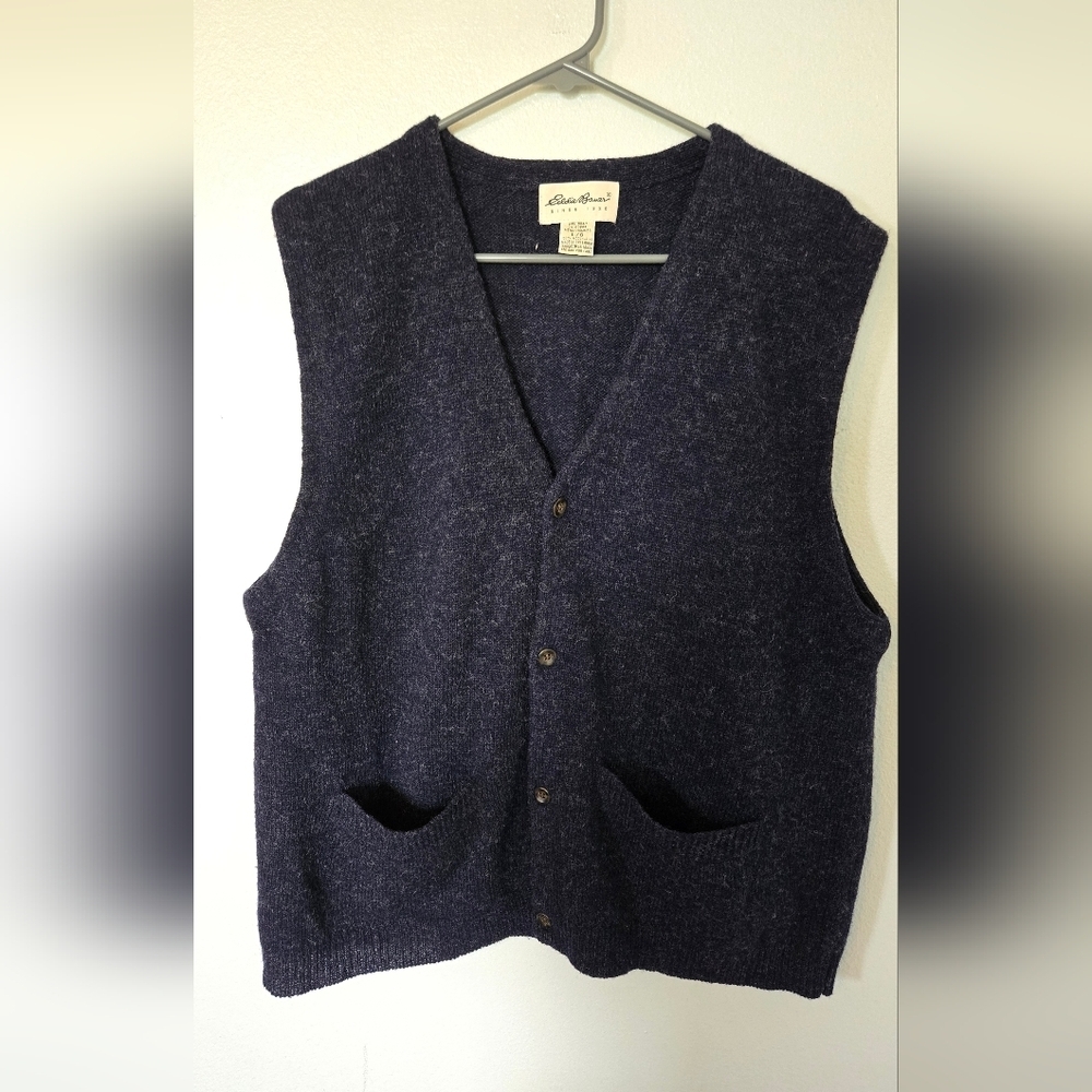 Eddie Bauer Navy Blue 100%Wool Knit Button Vest